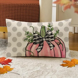 Faromily Fall Decor Pillow Covers 12x20 Inch Fall Thanksgiving Gray Polka Dots Bowknot Pumpkin Lumbar Throw Pillows Cushion Case Autumn Decoration for Home Couch F053 (Pink)