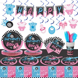 121pcs Burnouts or Bows Gender Reveal Party Decoration Set Includes Plates Napkins Cups Tablecloth Swirls Banner Tableware Kit, Dispose Burnouts or Bows Gender Reveal Supplies Favors, Serve 16