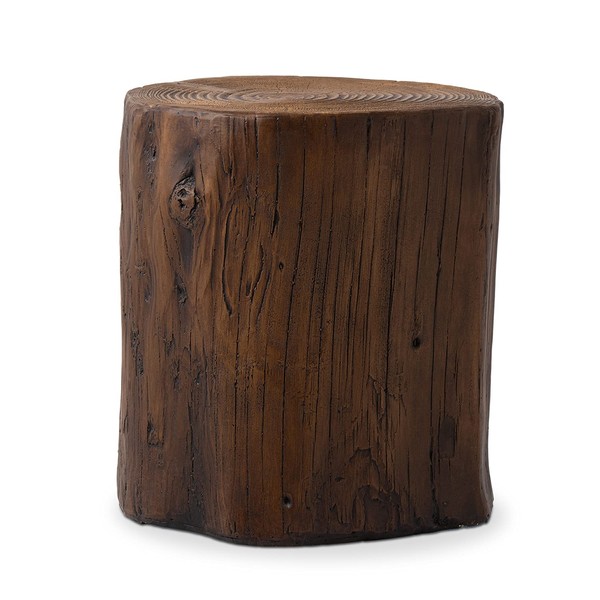 COSIEST Outdoor End Table Walnut Colored Faux Wood, Hand-Painted Wood Stump Stool, Ottoman or Plant Stand, Deck or Garden