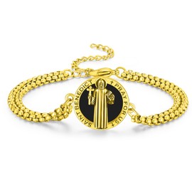Vavacoy Black Onxy Saint Benedict Bracelet for Men Women 925 Sterling Silver Religious Catholic Bracelet with Adjustable Double Link Chain,9"(Gold)