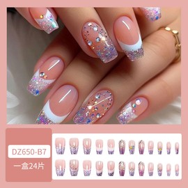 Medium Coffin Press on Nails French Tip Fake Nails Purple Glitter Press on Nails with Design Acrylic Nails Glossy Glue on Nails Rhinestones Stick on Nails Reusable False Nails for Women Manicure 24pcs