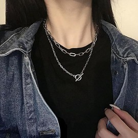 Layering Necklace for Women Stacked Chunky Link Chain Necklace Geometric Punk Statement Jewelry (Silver, One size)