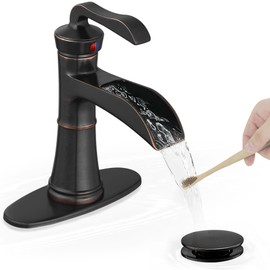 HEYMYTAP 4 Inch Oil Rubbed Bronze Bathroom Faucet 1 Hole, Antique Brass Waterfall Faucet for Bathroom Sink, Single Handle Farmhouse Bathroom Faucets 3 Hole with Deck Plate, Supply Hoses & Pop-up Drain