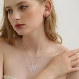 Rocayi Butterfly Necklace 925 Sterling Silver Pink Tourmaline Necklace October Birthstone Jewelry Gifts for Women Wife Mother