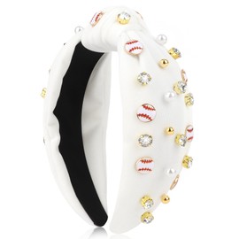 BAHABY Baseball Headbands for Women Crystal Baseball Embellished Wide Top Knot Headband for Women Game Day Hair Accessories (White)