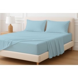 Extra Deep Sheets-Cotton Bed Sheets - 100% Cotton - 22 Inch Extra deep Pocket Fitted Sheet with Elastic All Around (4 Pcs Sheet Set) - (Light Blue Solid - Queen Size)