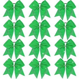 Oaoleer 12PCS Glitter Cheer Hair Bows for Cheerleading, 7inch Large Jumbo Cheer Bow with Ponytail Holder for Teen Girls Softball Cheerleader (Green)