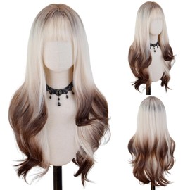 FREE BEAUTY Wig with Bangs for Women Long Dark Brown Mixed White Wavy Wigs 26 Inch Natural Wigs Natural Looking Heat Resistant Synthetic Wig for Daily Party Use (Red Brown Mixed White)