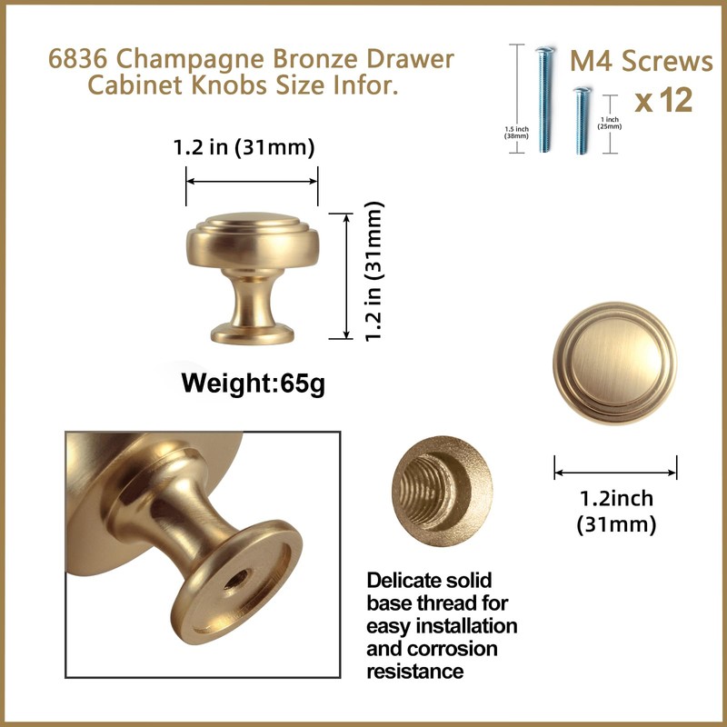 Goo-Ki 6 Pack Champagne Bronze Cabinet Knobs Zinc Alloy Drawer