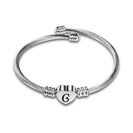 MiiFort Women's Initial Name Silver Cuff Bangle Letter C Bracelet Love Heart Style Stainless Steel Family Sister Daughter Granddaughter Birthday
