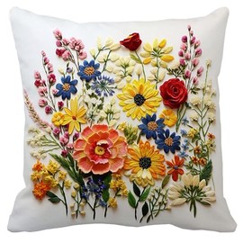 Leaveland Wildflower Faux Embroidery Print 18x18 Inch Throw Pillow Cover Boho Embroidered Floral Decorative Cushion Case Spring Summer Christmas Home Decor Mom Sister Her Gift Flower Themed Pillowcase