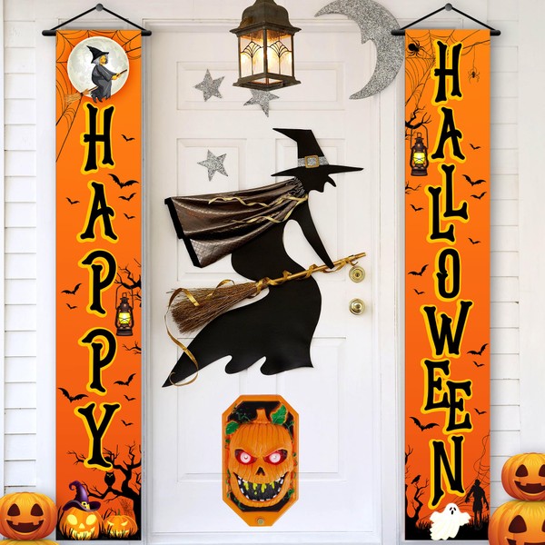 KatchOn, Happy Halloween Door Banner - XtraLarge, 72x12 Inch | Happy Halloween Banner Outdoor | Orange Halloween Door Decorations | Outdoor Witch Banner for Halloween Party Decorations Outdoor