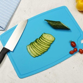 Liflicon Thick Silicone Cutting Board 12.6'' x 9.1'' Juice Grooves Easy Grip Handle Dishwasher Safe-Blue