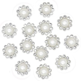 50 pcs Rhinestone Faux Pearl Buttons Accessory Decoration Craft for DIY Scrapbooking Embellishments Wedding Bouquet Flower Centre Home Decor 14mm (Silver)