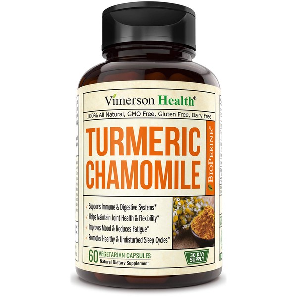 Turmeric Chamomile Sleep Support Supplement with Ginger, Cinnamon and Bioperine. Promotes Healthy Sleep Cycle, Digestive Health and Gut Flora, Natural Mood Balance for Occasional Stress Relief