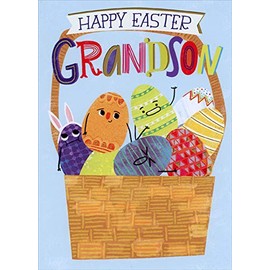 Designer Greetings Silly Faced Eggs in Brown Basket on Blue Easter Card for Pre-Teen Grandson