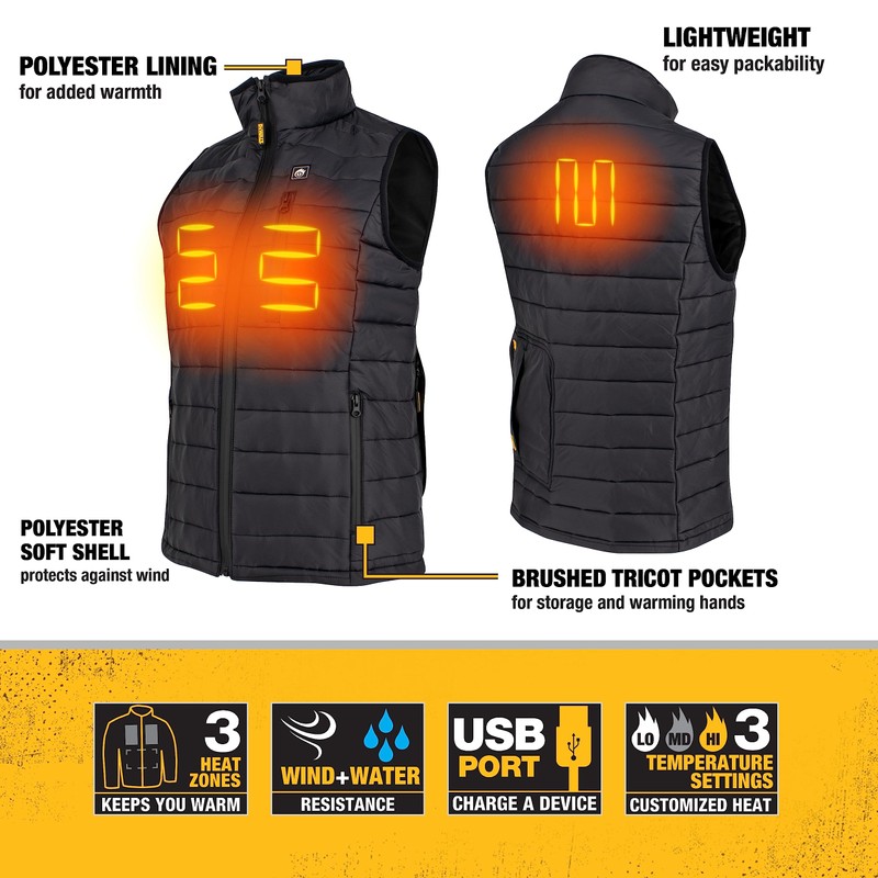 DEWALT Womens Standard Lightweight Puffer Heated Vest Kit Black X-Large