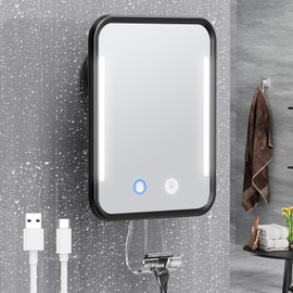 Gospire Heated Shower Mirror Fogless for Shaving with Light, Rechargeable Battery and Adjustable Brightness, Suction Cup and Razor Holder, Removable & NO-Drilling, Waterproof for Bathroom (Black)