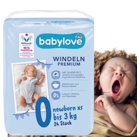 babylove Nappies Premium Extra Soft Size XS, Newborn up to 3 kg, 1 x Pack of 24