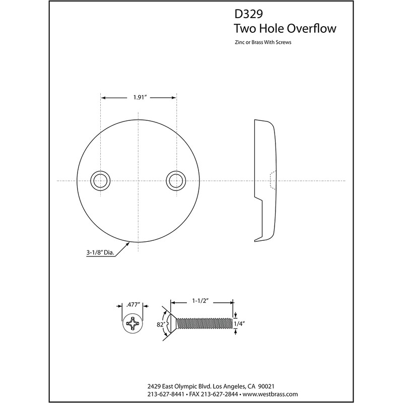 Westbrass 3-1/8" Two-Hole Overflow Face Plate and Screws, Stainless Steel,