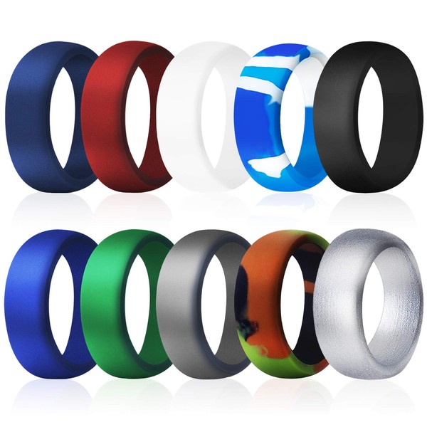 COOLOO Silicone Wedding Ring for Men, 10 Pack Affordable Silicone Rubber Wedding Bands Durable Comfortable Rings, Black White Blue Silver Gray
