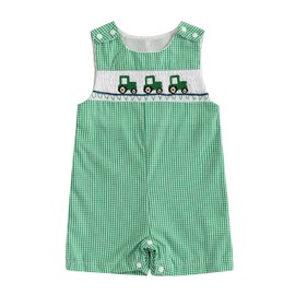 Yxniwxe Newborn Baby Boy Girl Easter Outfit Farm Animals Embroidery Sleeveless Plaid Romper Bunny Smocked Bodysuit Jumpsuit (Green-farm tractor, 3-6 Months)