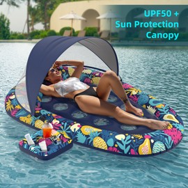 Sunikko X 3-in-1 Pool Floats with Canopy Cup Holder, XL Large 73" x 48" Inflatable Pool Floats for Adults Lounger Raft Floating Chair for Swimming Pool Lake Water Lounge Float Beach Pool Party Toys