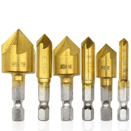 Ruidee 6 Pcs Countersink Drill Bits Set Hex Shank Wood Drilling Bits High Speed Steel Chamfering Drill Bit 5 Flute 90 Degree Center Punch Tool Quick Change Bit (LJZ-6)