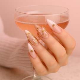 24PCS 3D Floral Nude Gradient Gold Outline Stiletto Shape Press-On Nails with 3D Flower Pearl Decorations, False Nails Almond Medium French Tip, Fake Stick on (Art Deco Gold)