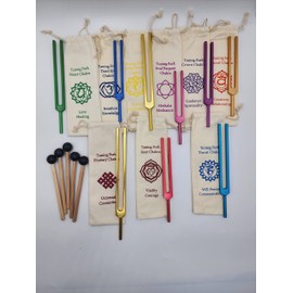9 Professional Complete Unweighted Color Coded Chakra Tuning Fork Set with Individual Drawstring Pouches and Strikers for Sound Healing