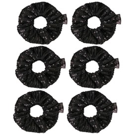6 Pack Glitter Sequins Hair Scrunchies With Tag Scrunchy Elastic Hair Bands Ties Ponytail Bun Holders Wrist for Performance,Dance,Cheer,Birthday,Cosplay Show,Themed Party Festivals (Black)