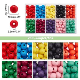 PH PandaHall Approx. 250 Pieces/Box, 10 Colors, Wooden Beads, Diameter 0.4 inches (10 mm), Round Beads, Round Beads, Round Beads, Round Beads, Dyed Beads, Non-Patterned, Paintable, Eco Material, DIY