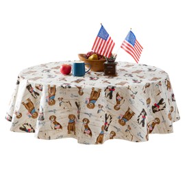 Newbridge Patriotic Dogs and American Flag Print Vinyl Flannel Backed Tablecloth, Adorable USA Patriot Pet Dog Design Waterproof Patio, BBQ, Kitchen Tablecloth Tablecloth, 70 Inch Round
