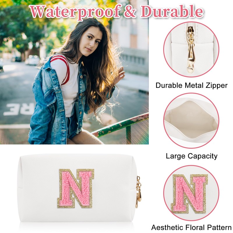 Bolsa de maquillaje con parche inicial personalizada, bolsa de chenilla