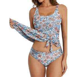 Husmeu Tankini Sets for Women 2 Piece Tankini Swimsuits Adjustable Shoulder Strap Floral Swimwear Bathing Suit Swimdress Pink Blue Floral XXL