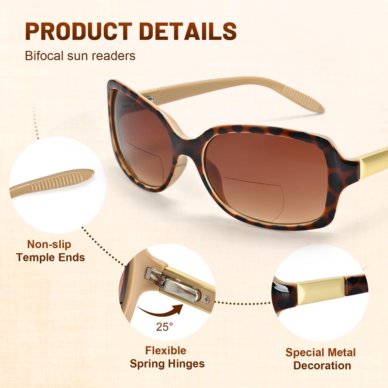 JiSoo Reading Sunglasses 1.5 Bifocal Sunglasses for Women, Retro Square