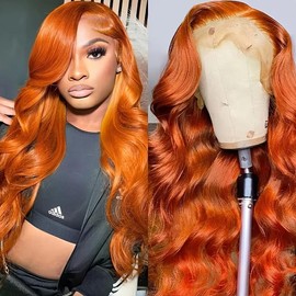 200 Density Highlight Ombre Lace Front Wig Human Hair 13x4 HD 4/27 Honey Blonde Lace Frontal Wigs Pre Plucked with Baby Hair Colored Body Wave Lace Front wig Human Hair Natural Hairline:_Orange-red_26inch