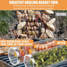 UPGRADE Rolling Grilling Basket,Leak proof Round Stainless Steel BBQ Grill Mesh,Grill Baskets for Outdoor Grill,Barbecue Net Tube Grill Grate for Fish,Vegetable,Fries - Camping Picnic Cookware(Small)
