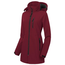 CREATMO US Women's Hooded Winter Snow Ski Trench Coats Multiple Pockets Windproof Softshell Fleece Jacket Burgundy 2XL