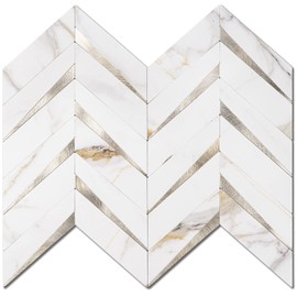 STICKGOO 10-Sheet Herringbone Tile Peel and Stick Backsplash, Calacatta Marble Mixed Light Gold PVC Stick on Backsplash, Self Adhesive Wall Tile for Kitchen and Bathroom