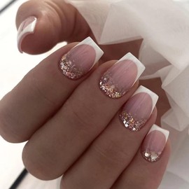 24pcs Short Square French Tip False Nails with Glittery Gold Sequins, Easy-Stick & Removable Acrylic Full Cover Fake Nails with White Edges - Beautiful Women & Girls' Nail Art Accessories