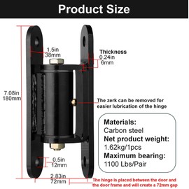 Heavy Duty Gate Hinge – 1100 Lbs Max Load,90° Inward/Outward Swivel,Carbon Steel with Built-in Roller Bearings, 7" Length for Large Metal/Wooden Gates,Driveway Gates(Bolted or Welded Installation)