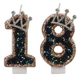 JEQUD Birthday Number 18 Candles, Black Crown Candle with Sequins, Non-Smoking, Non-Toxic, Odorless, Long Burning, Modern, Ornate, Unscented