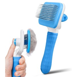 SHEEN Dog Brush Cat Brush Grooming Comb,Self Cleaning Cat Dog Slicker Brushes with Smooth handle,Pet Grooming Tool with Cleaning Button for Cat Dog Shedding Brush Cat Dog Massage Clean (BLUE)