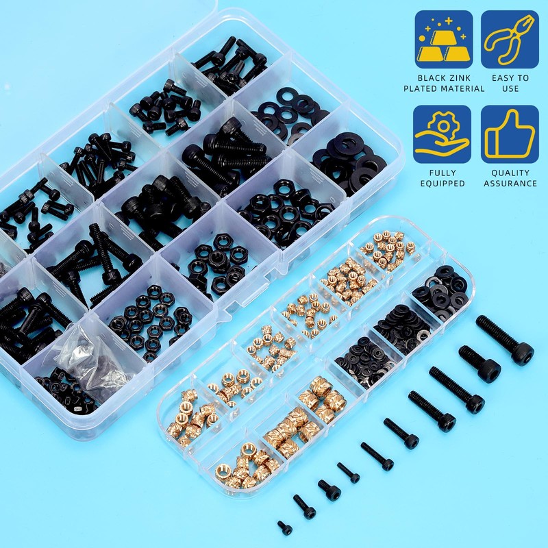 Glarks 595pcs M2/2.5/3/4/5 Socket Head Screw and Thread Brass Knurled