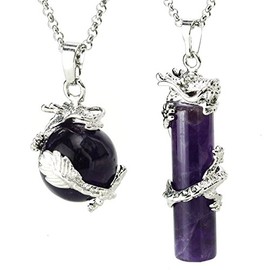 BEADNOVA 2pcs Dragon Wrapped Round Ball Cylinder Natural Amethyst Gemstone Necklace Healing Couple Pendant Necklaces Set