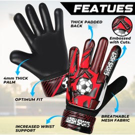 Arsh Sports Soccer Goalie Gloves for Kids,Goalkeeper Gloves for Youth Boys Girls 4MM Latex Palm,Anti Slip,Super Gip Double Wrist Protection (Black-Red, Size 7 Suitable for Size S-M Adult)