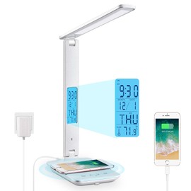 LAOPAO Desk Lamp with 10W Wireless Charging and USB Charging Port, 15 Modes Touch Control Study Lamp with Smart Display & Clock Temperature Function, Foldable Led Desk Lamp for Office Bedroom Study