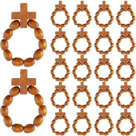 DICOSMETIC 30Pcs Wood Finger Rosary Catholic Finger Rosary Ring Pocket Rosaries Ring with Cross Goldenrod Holy Land Beads Rings for Baptism Favors Men Women Wedding Church Gift