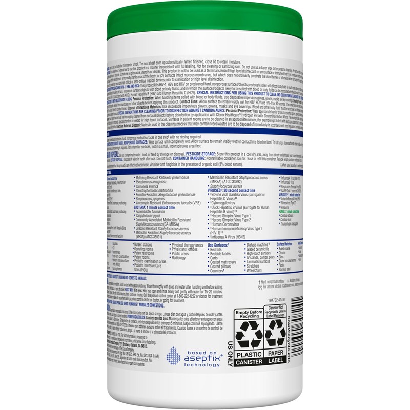 Clorox Healthcare Hydrogen Peroxide Cleaner Disinfectant Wipes, 6.75" x 9",